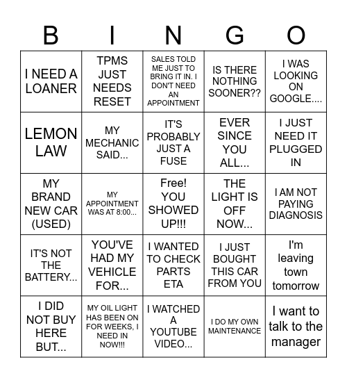 SERVICE DEPARTMENT BINGO Card