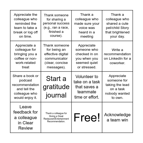 Gratitude Bingo Card