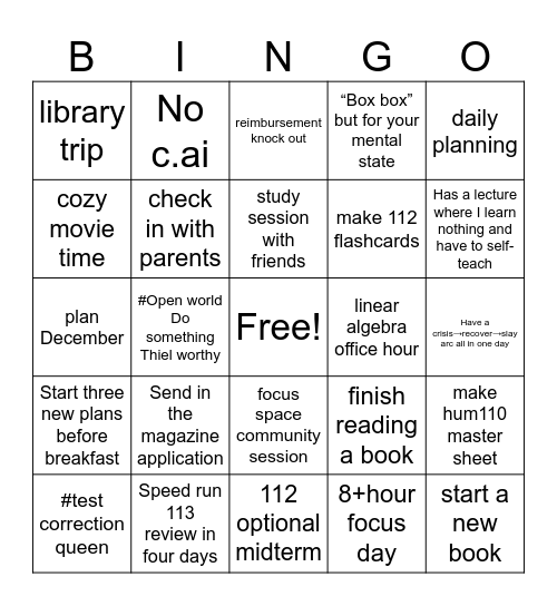 Weekly Bingo Card
