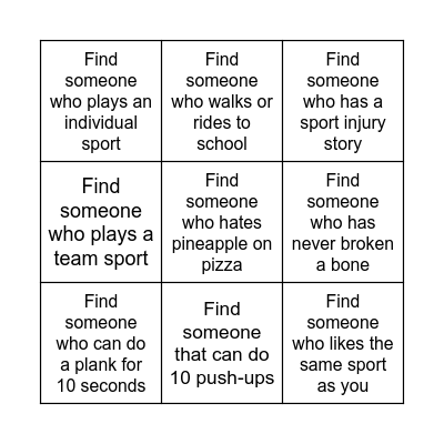 PDHPE BINGO Card