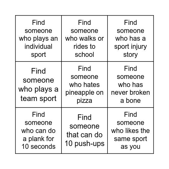 PDHPE BINGO Card