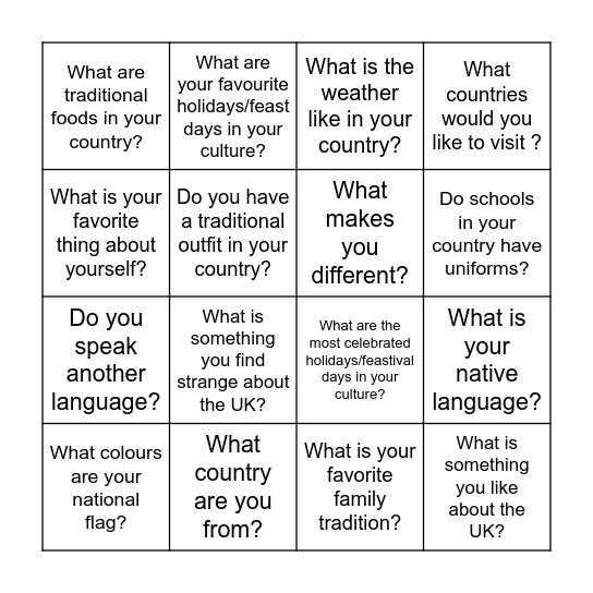 Me and My Culture Ice Breaker Bingo Card