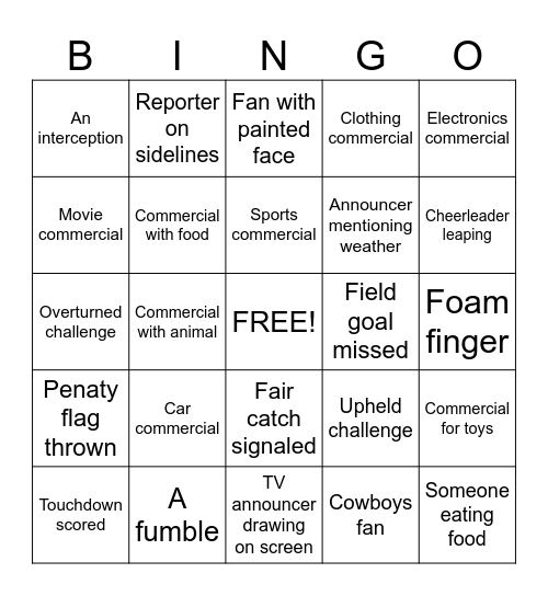 Thanksgiving Day Football Bingo Card