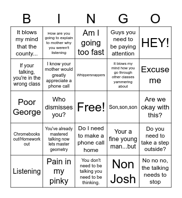 Mr Erb Bingo Card