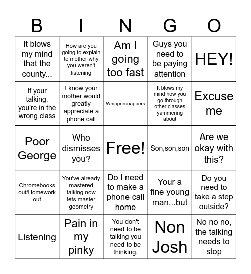 Mr Erb Bingo Card