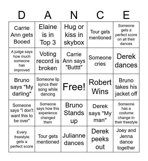 Dancing with the Stars Finale Bingo Card