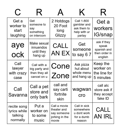 cracker coin prank call bingo Card