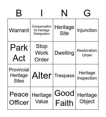 Heritage Conservation Act Bingo Card