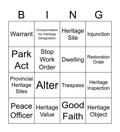 Heritage Conservation Act Bingo Card