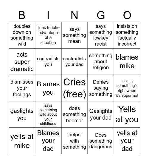 Mom Bingo Card
