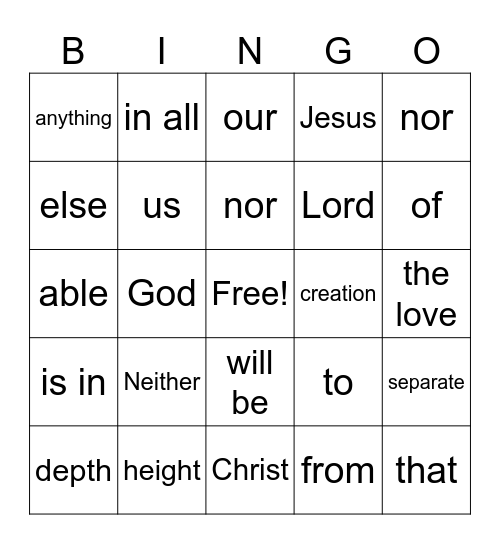Romans 8:39 Bingo Card