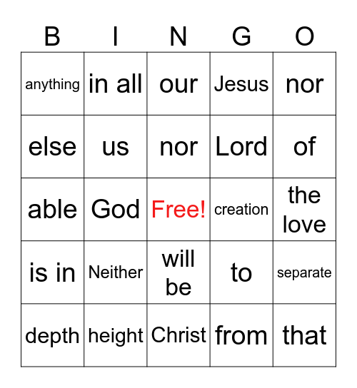 Romans 8:39 Bingo Card