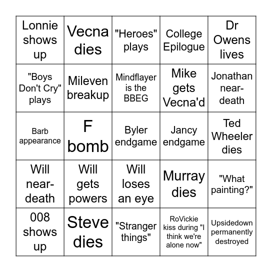 Stranger Things 5 Bingo Card