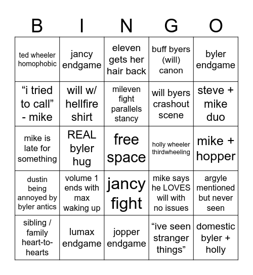 stranger things 5 bingo Card