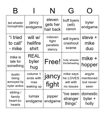 stranger things 5 bingo Card