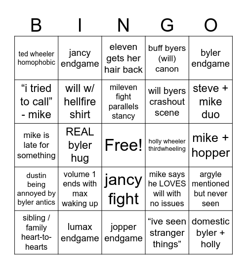 stranger things 5 bingo Card