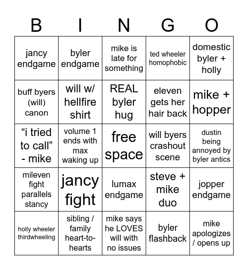 stranger things 5 bingo Card