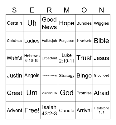 November 30 Worship Together Bingo Card