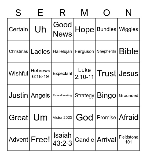 November 30 Worship Together Bingo Card