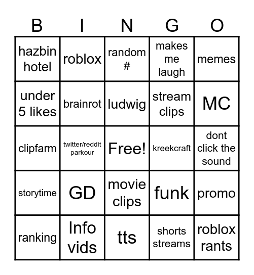 ULTIMATE YT SHORTS BINGO Card