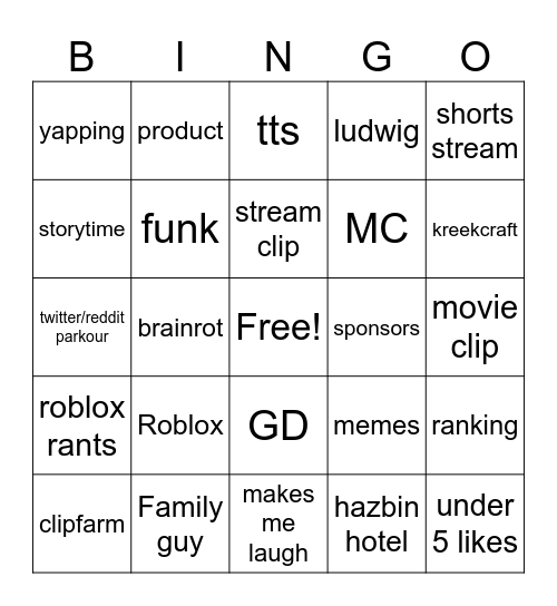 ULTIMATE YT SHORTS BINGO Card