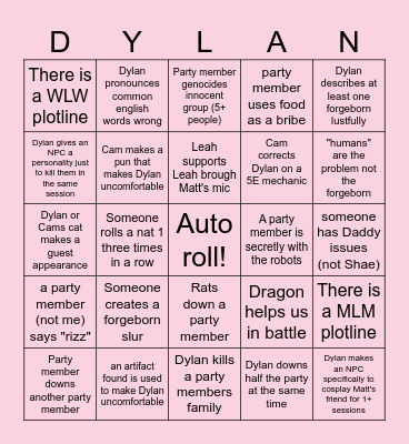 Shae's Dylan Card Bingo Card