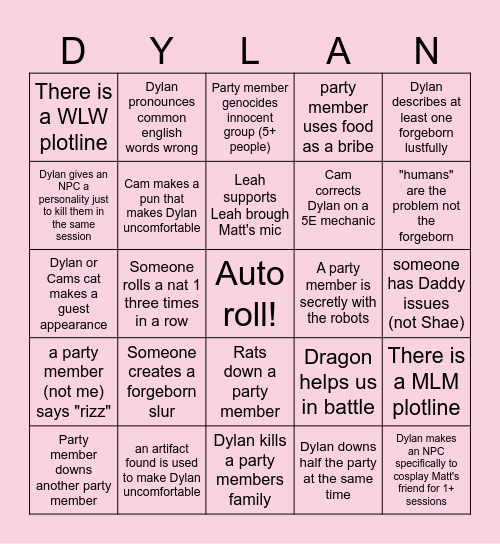 Shae's Dylan Card Bingo Card
