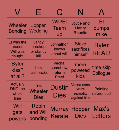 Stranger Things Season 5 Bingo Card