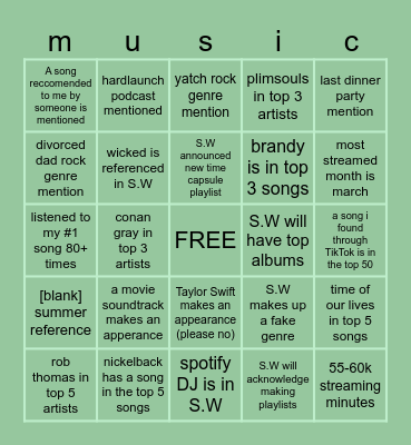 Spotify Wrapped Bingo Card Bingo Card