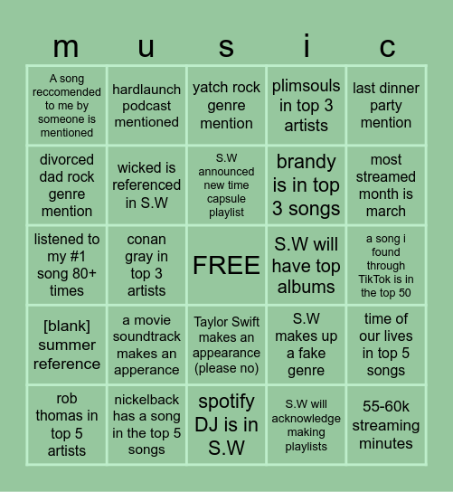 Spotify Wrapped Bingo Card Bingo Card