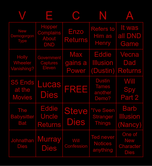 Stranger Thing's S5 Calamity Card Bingo Card
