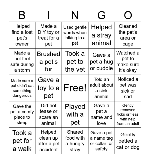 Pet Care Bingo Game Bingo Card
