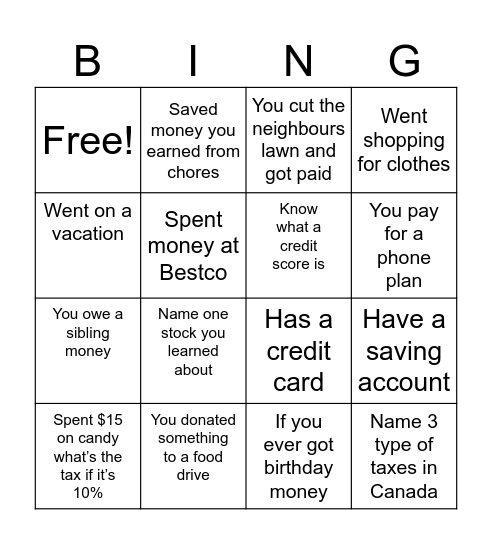 Financial Literacy Bingo Card