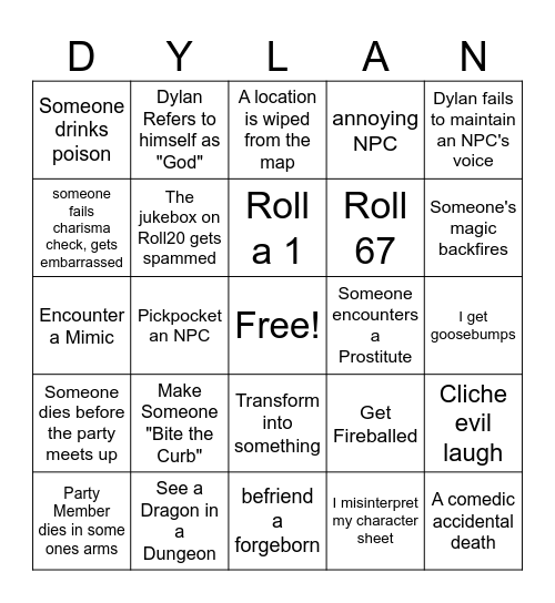 1st Experience DnD Bingo Card Bingo Card