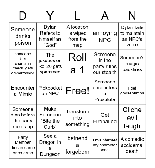 1st Experience DnD Bingo Card Bingo Card