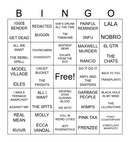 SF PUNK BINGO ROUND 1 Bingo Card
