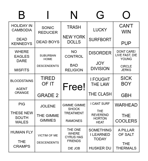 SF PUNK BINGO ROUND 3 Bingo Card