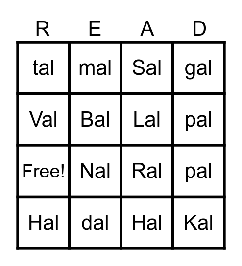 al word family words Bingo Card