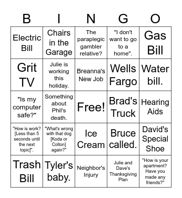 Nana's Thanksgiving Bingo Card