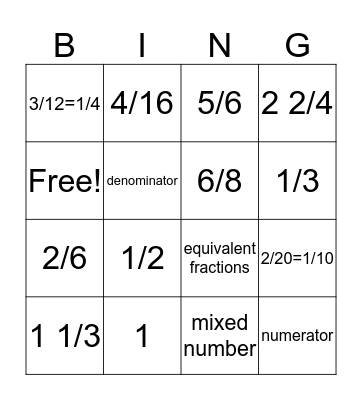 Fraction Bingo Card