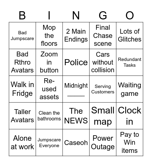 Low Budget Horror Games BINGO Card