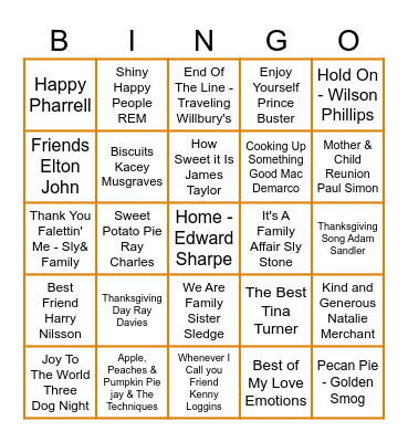 🦃 THANKSGIVING Music Bingo Card