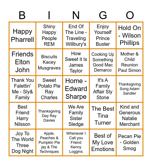 🦃 THANKSGIVING Music Bingo Card
