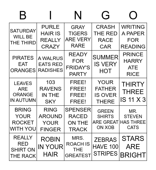 R WORDS IN PHRASES Bingo Card