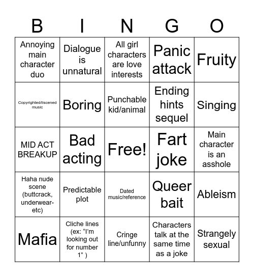 Bargain Binge Bad Booty BMovie nights Bingo Card
