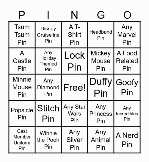 Disney PINGO Bingo Card