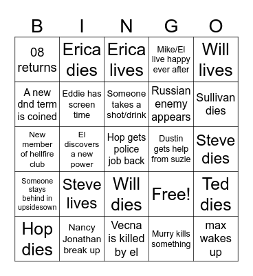 Stranger things Bingo Card