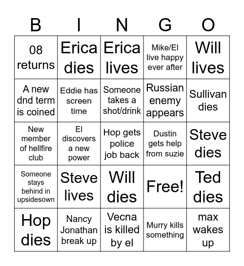 Stranger things Bingo Card