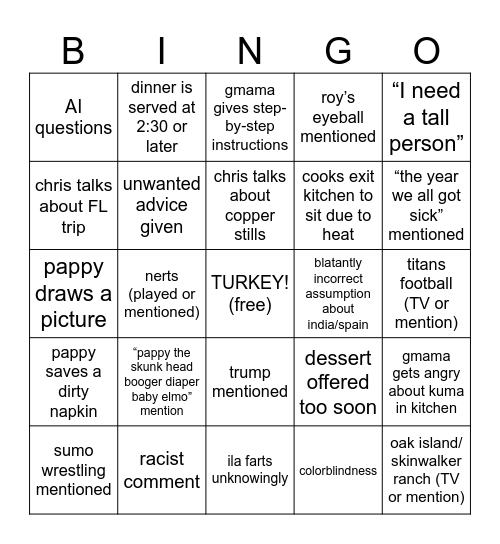 thankgiving 25 Bingo Card