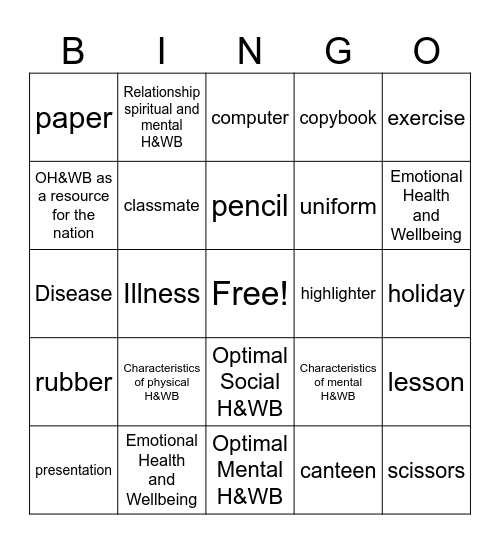School Bingo Card